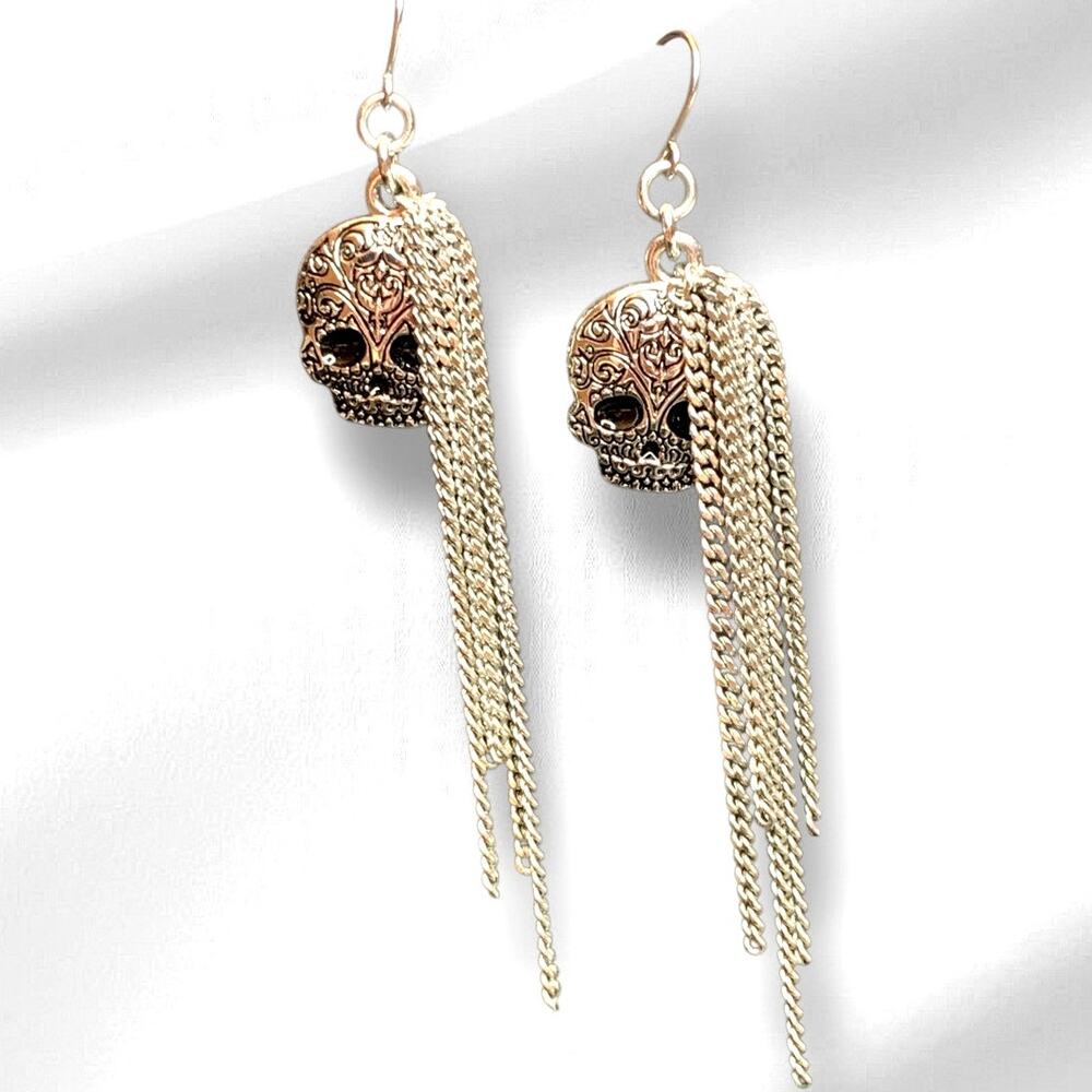 Harley Davidson Skull Dangle Earrings Chain Fringe Silver Tone